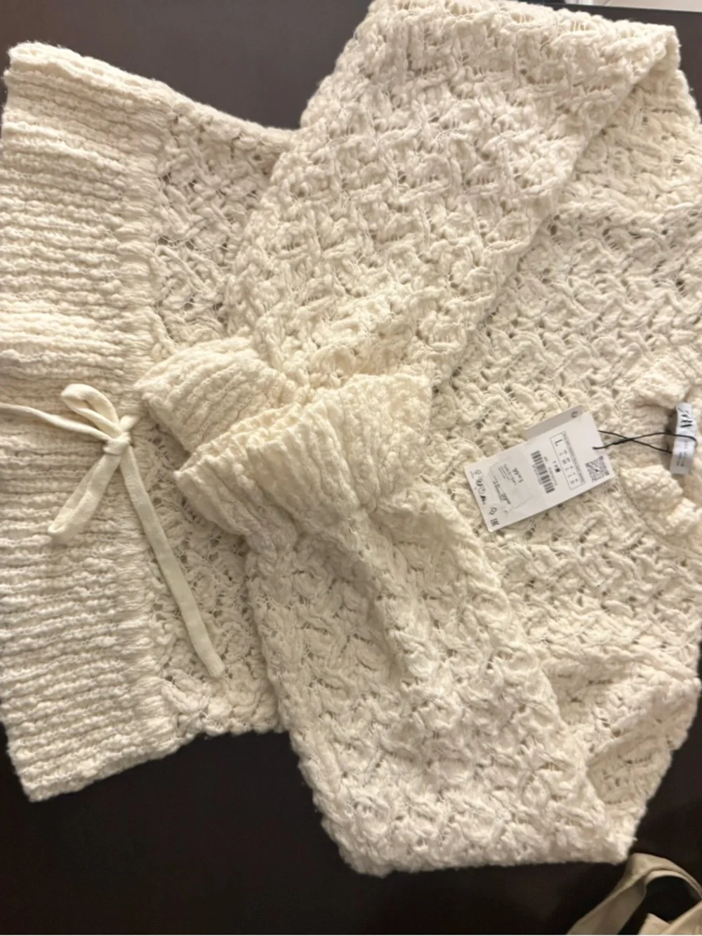 Zara Cream Textured Knit Short-Sleeve Sweater with Drawstring - Picture 1 of 6